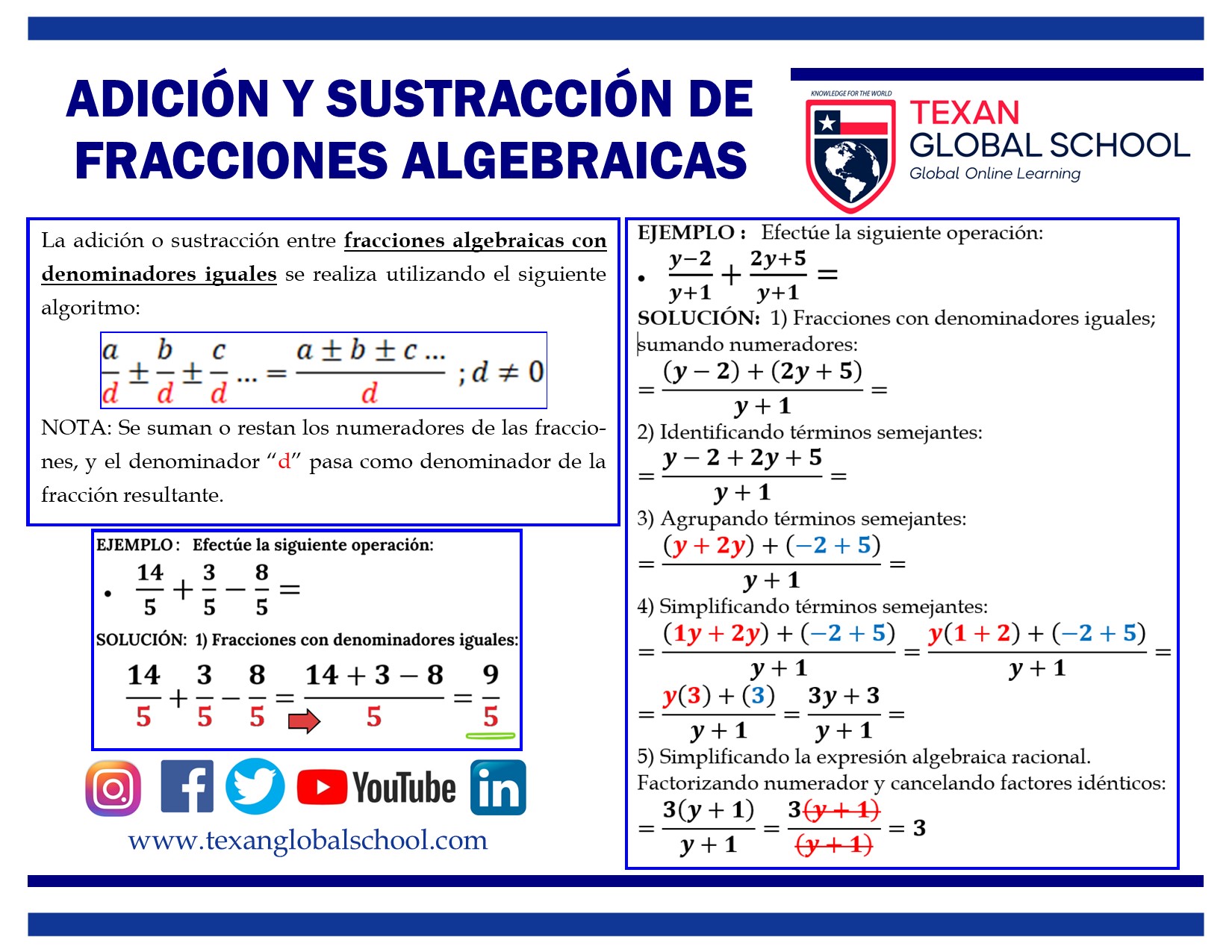 Adición y Sustracción entre Fracciones Algebraicas – Parte 1